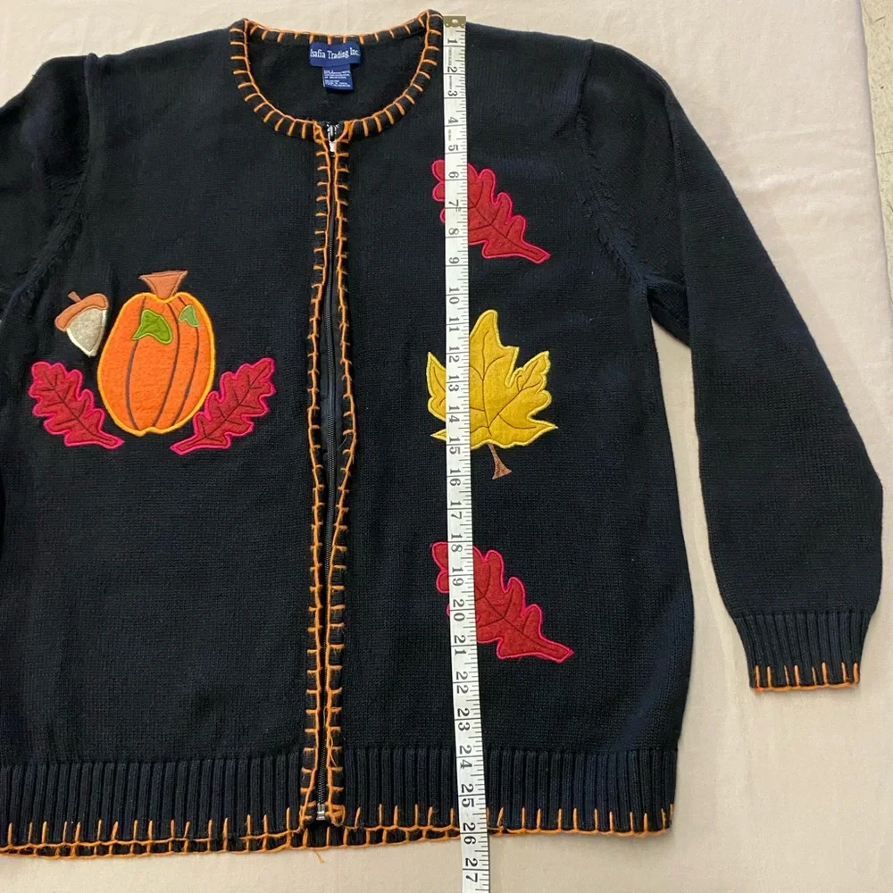 Isafia Trading Inc Autumn Fall Leaves‎ Pumpkin Acorn Zip Cardigan Sweater Large